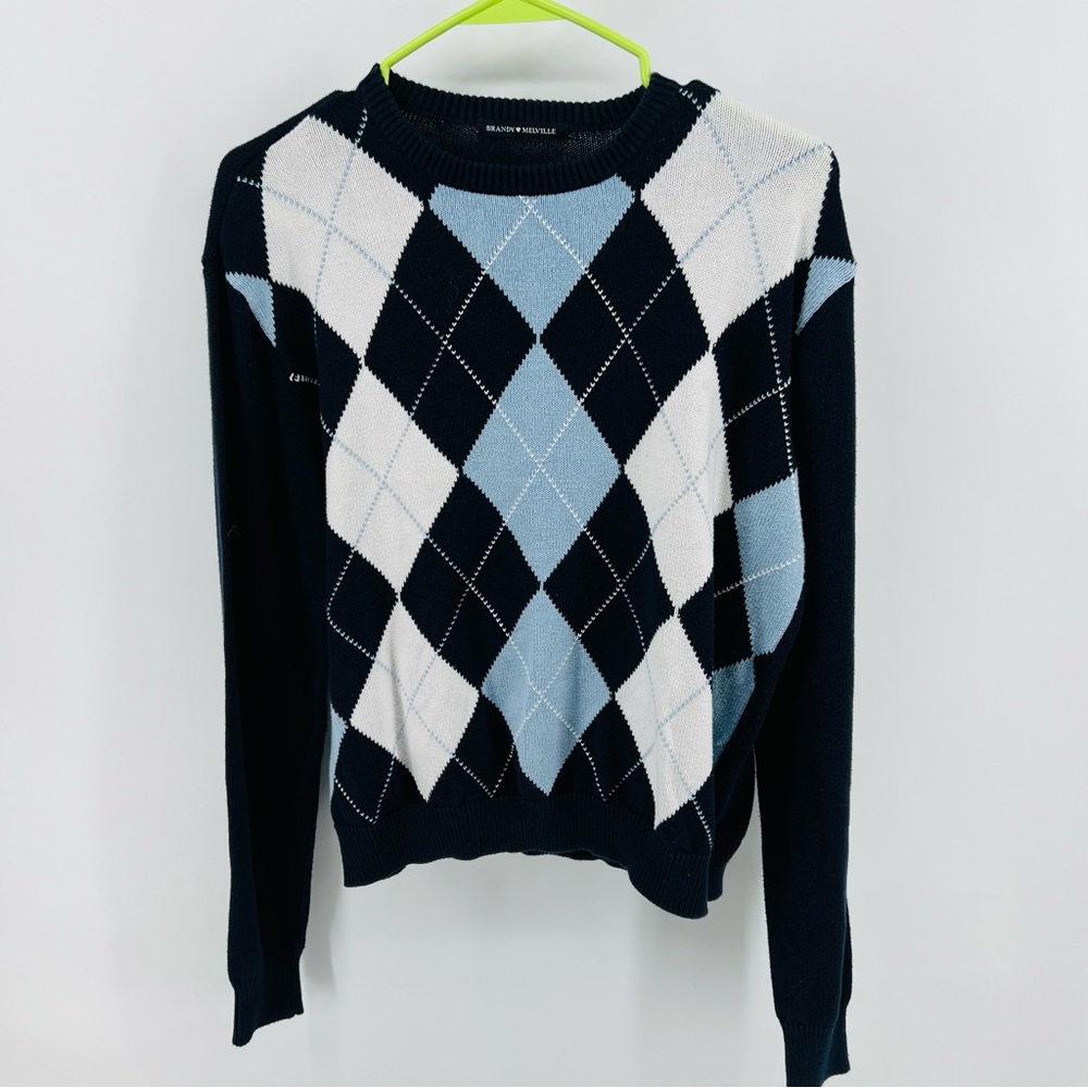 Brandy Melville Navy, Light Blue & White Argyle Sweater